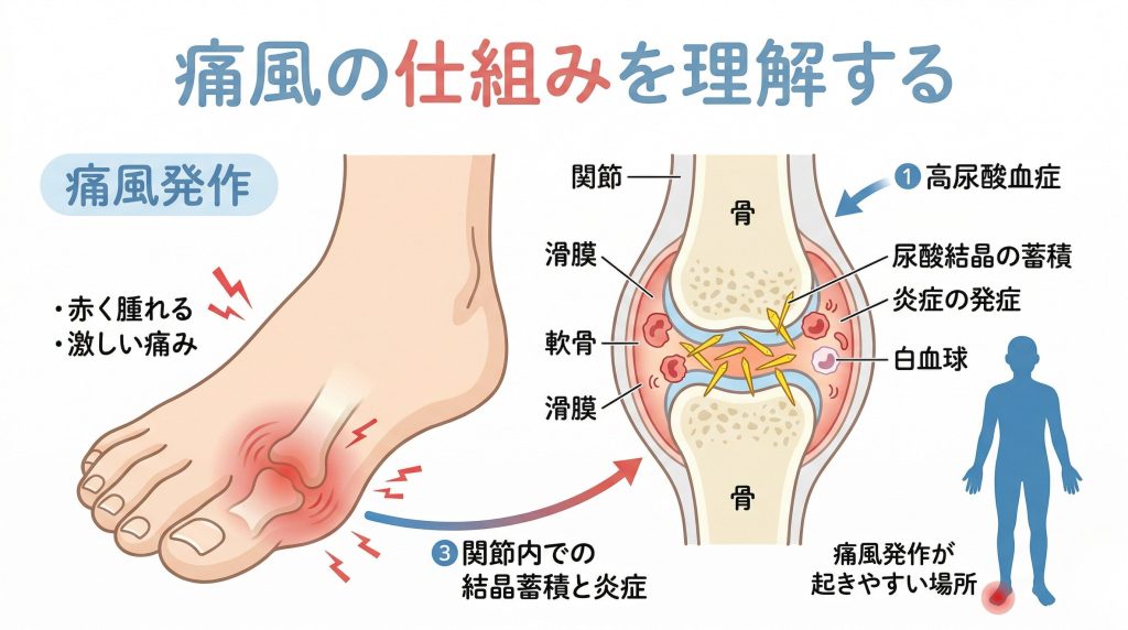 痛風の仕組みと尿酸の結晶化を解説