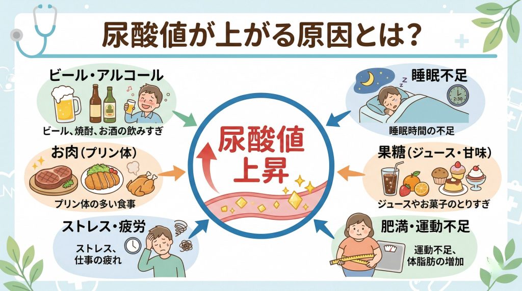 尿酸値が上がる原因（食事・アルコール・生活習慣）