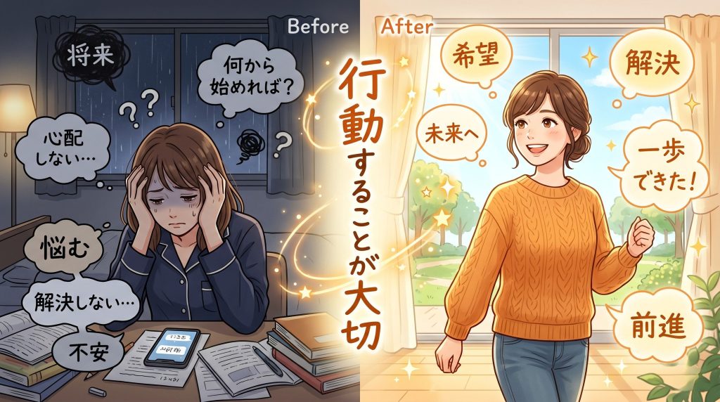 不安から解決へ行動する女性