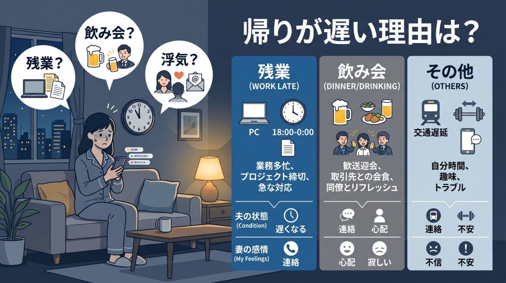 旦那の帰りが遅い理由を考える女性