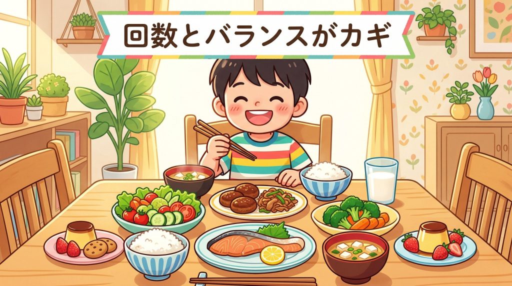 子供の体づくりに必要なバランスの良い食事を表現したイラスト