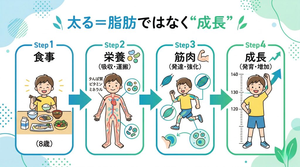 子供が健康的に成長するための栄養と筋肉の関係を示した図
