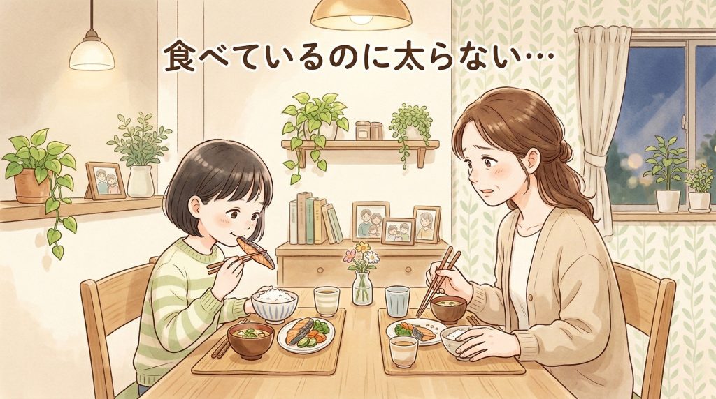 子供が食べているのに太らない悩みを表現したイラスト